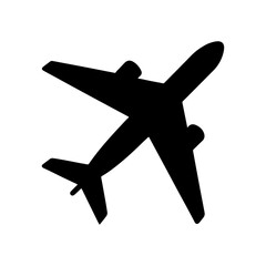 Silhouette of an Airplane: A simple, yet striking, black silhouette of an airplane, representing travel, adventure, and the vastness of the skies,A simple flat black airplane symbol is isolated