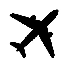 Soaring Silhouette: A minimalist, high-angle view of a sleek, jet airplane, poised for flight, casting a bold silhouette.A simple flat black airplane symbol is isolated on a transparent background
