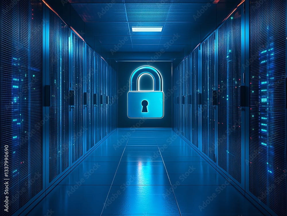 Aufkleber server room with glowing padlock representing security of digital data