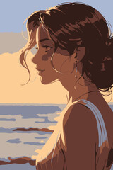 girl on the beach, sunset sunrise, whinking beautiful woman neutral tones, girl vector portrait illustration