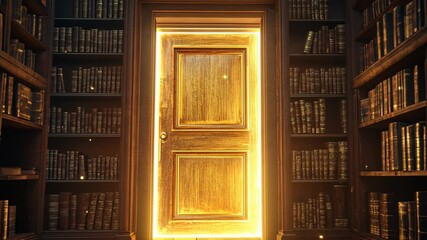 Mystical Portal, Glowing Doorway in a Classic Library Setting