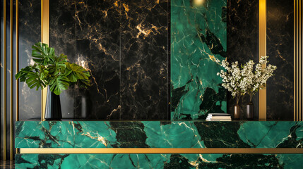Stylish Lobby with Dark Green Marble Reception, Featuring Monstera and Cherry Blossom Decor - Made with Generative AI