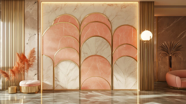 Art Deco Wall Panel with Pink and White Marble, Gold Trim, and Arched Design - Made with Generative AI