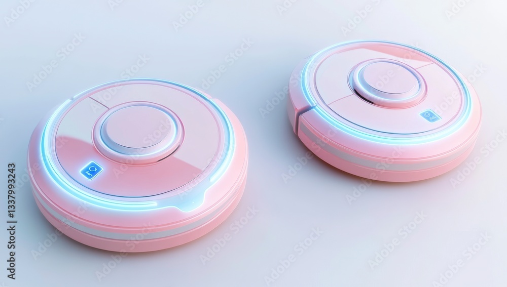 Poster two pink robots with blue lights on them. they are on a white background. the robots are designed to