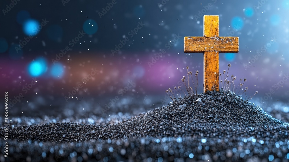 Poster golden cross on a dark, sparkling surface with bokeh lights.