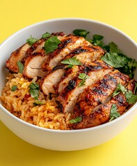 Fototapeta premium Grilled Chicken Slices on Flavored Rice with Fresh Cilantro in White Bowl