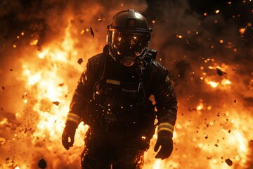 A firefighter is standing in front of a burning building. The fire is so intense that it has created a lot of debris and smoke. The firefighter is wearing a full-body suit