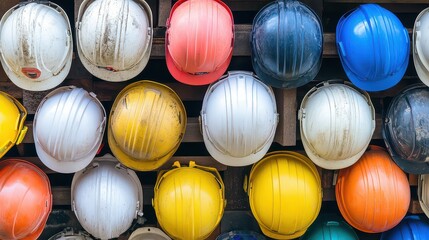 A vibrant display of construction helmets in various colors hanging on a wall, showcasing safety gear