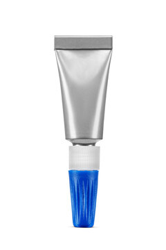 Small silver tube of instant super glue with blue cap isolated. Transparent PNG image.