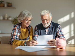 Elderly couple smiling while checking financial papers at home, sunlight streaming in. Piggy bank on table symbolizes savings and financial planning. Ai generative