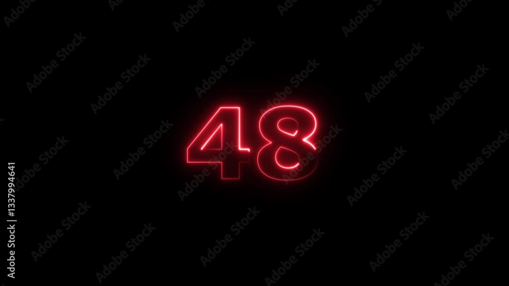 Poster neon text 48 number countdown icon background 4k animation. neon number 48 with alpha channel, neon 