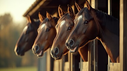 Fototapeta premium A humorous equestrian moment as three horses lean out of their stable, their lips curled as if sharing a joke, captured in a beautifully lit 