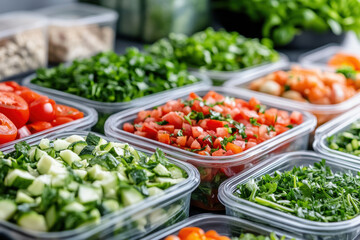 Freshly chopped vegetables and herbs in clear containers for healthy meal prep and vibrant cooking