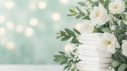 White flowers arranged beside soft towels on gentle green backdrop with bokeh lighting effects