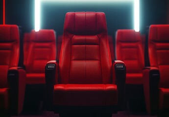 Fototapeta premium A red leather chair is the focal point of the image, surrounded by other red chairs. The chairs are arranged in rows, and the red color of the chairs creates a sense of luxury and sophistication