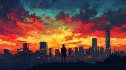 Solitary Figure Silhouetted Against Vibrant Cityscape Sunset