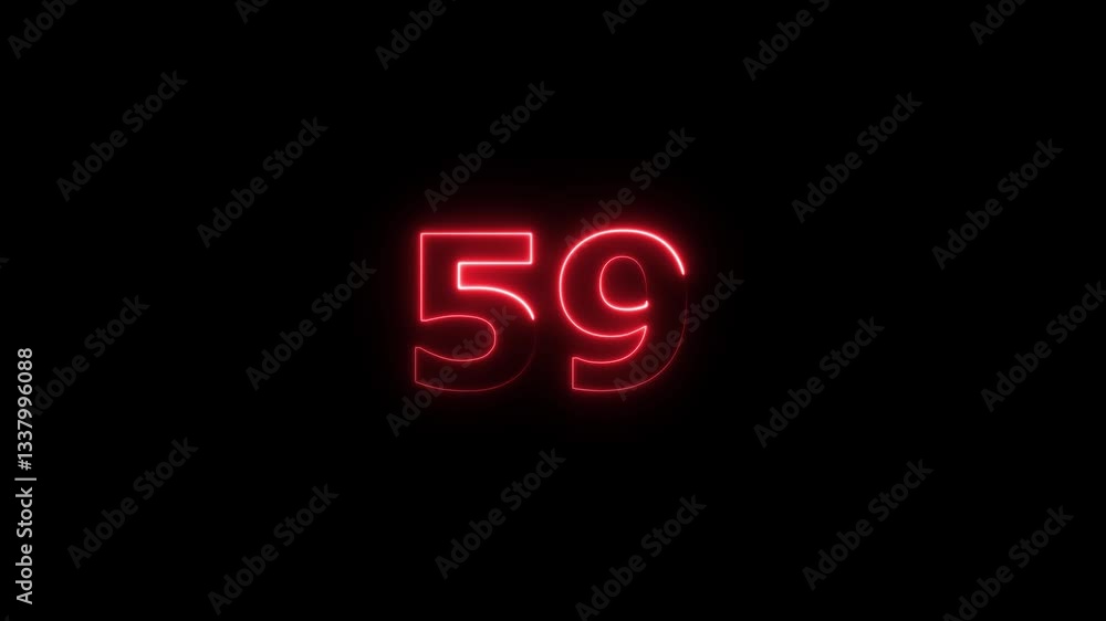 Poster neon text 59 number countdown icon background 4k animation. neon number 59 with alpha channel, neon 