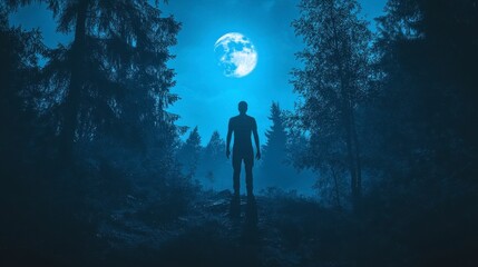 Solitary Figure Under a Full Moon in a Mysterious Forest