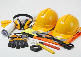 layout construction helmet and accessories of the builder on a white background . Generative AI