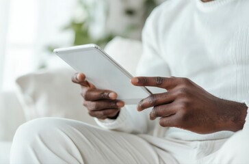 A man is sitting on a couch and using a tablet. He is looking at the screen and he is focused on something. The tablet is placed in his lap, and he is the only person in the image