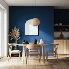 A warm Scandinavian-inspired dining room with a bold blue accent wall.