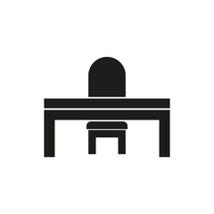 Desk with chair. Office workspace icon. Furniture workplace element. Simple black silhouette.