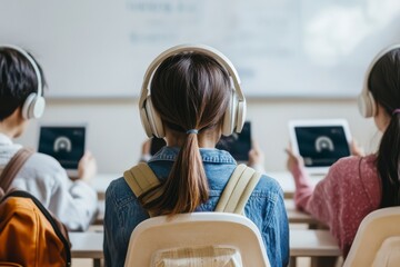 A girl wearing headphones is sitting in a classroom with other students. She is using a tablet and a laptop