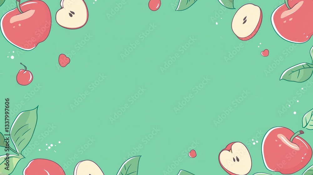 Poster a green background with a bunch of apples and cherries. the apples are in different positions and si