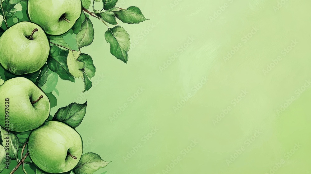 Poster a green background with four apples on it. the apples are green and are arranged in a row, with one 