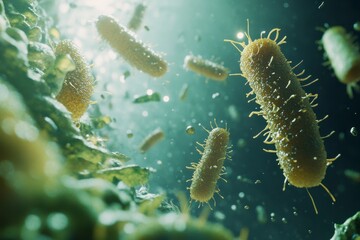 Fototapeta premium A group of yellow bacteria are swimming in a green sea. The bacteria are small and have long, thin tails. The scene is dark and moody, with the bacteria appearing to be in a state of chaos