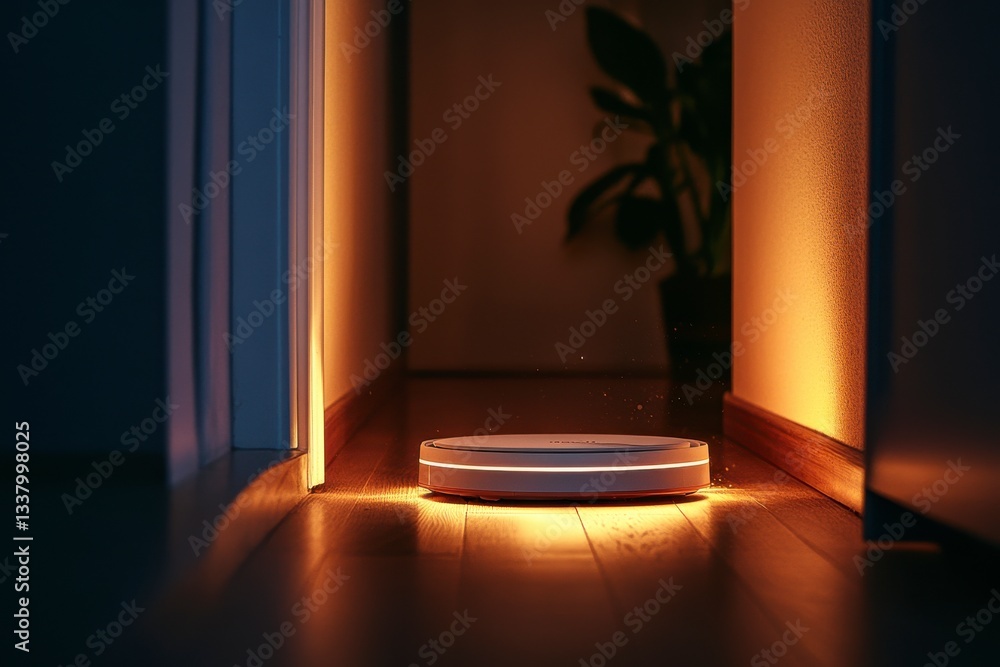 Poster a robot is on a wooden floor in a dimly lit room. the robot is lit up and he is moving