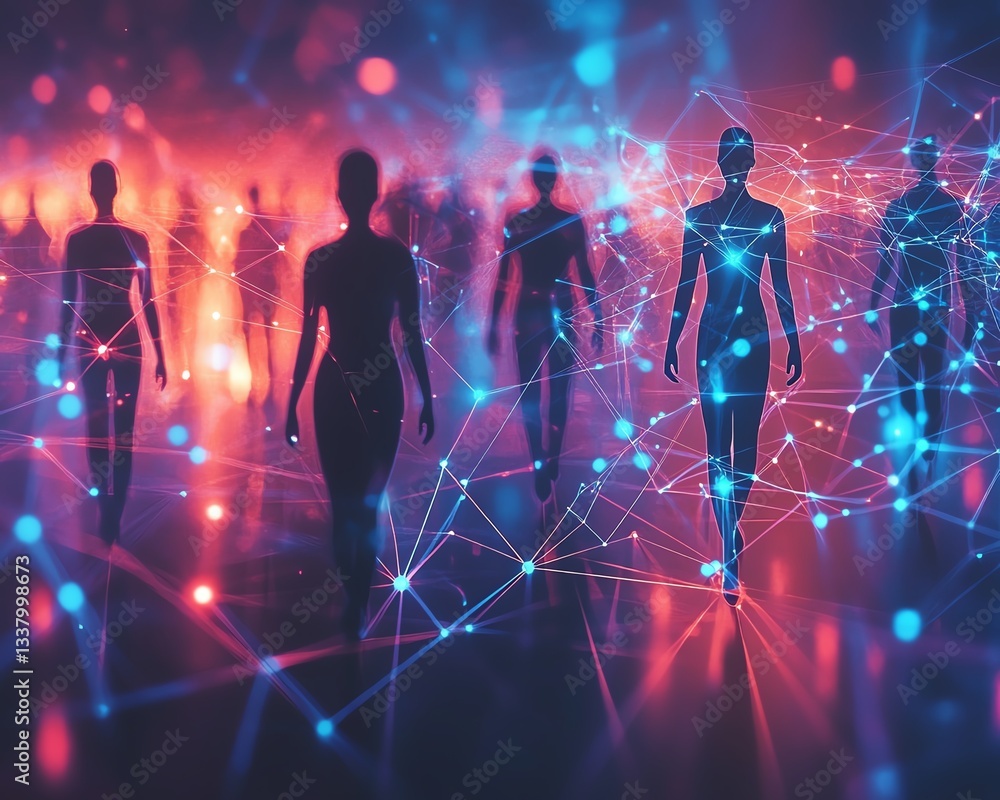 Poster Abstract illustration of human figures connected by dynamic digital lines