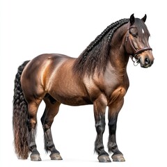 Obraz premium A large draft horse with a braided mane, muscular structure detailed, soft studio lighting, full-body shot, white background. 