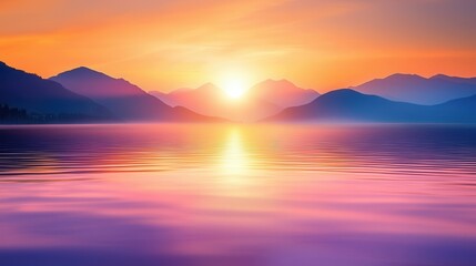 Serene Sunset over Still Lake and Mountains