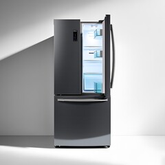 Dark Gray French Door Refrigerator in Contemporary Design with Open Door Against White Wall, copy space