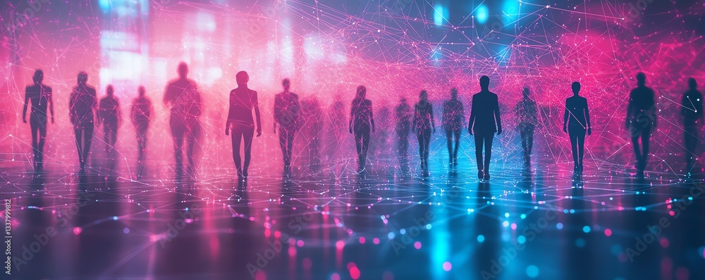 Aufkleber Futuristic business networking concept with interlinked human figures, representing professional relationships, teamwork, and digital collaboration in a sleek, hightech environment