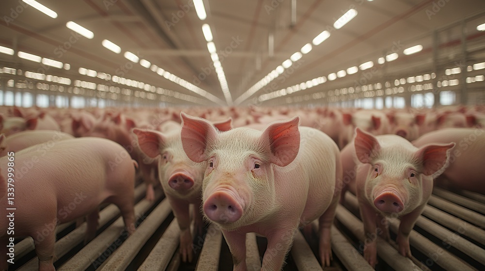 Poster a large-scale pig farm using confinement systems, showing pigs housed in climate-controlled pens wit