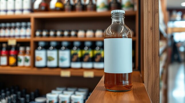 Elegant kombucha bottle with a blank label on a wooden shelf in a health store