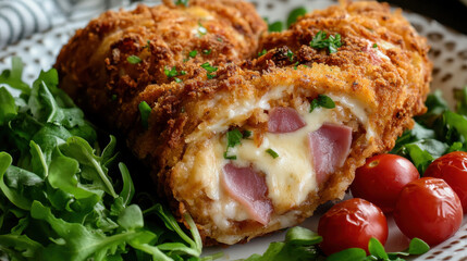 A luscious, deep-fried chicken roll with a golden panko crust, served with a side of fresh greens and cherry tomatoes