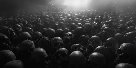 Obraz premium Eerie skulls densely packed in a darkened, mysterious setting.