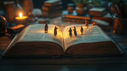 Exploring history as tiny figures emerge from an open book at twilight Generative AI