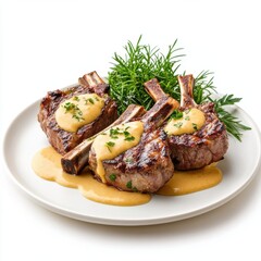 Grilled lamb chops splashing, yellow mustard sauce, isolate on white background. Png.