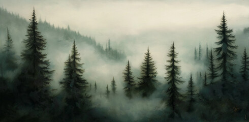 Obraz premium Misty forest, aerial view, mist-covered pine trees in the mountains, cinematic, film grain, muted green and gray color palette, high resolution, high contrast, moody, atmospheric