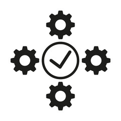 Gears with checkmark. Industrial approval sign. Mechanical process symbol. Black vector element.