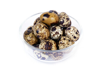 Bowl with quail eggs usolated on white.
