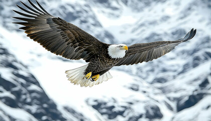 Majestic Bald Eagle Soaring Over Snowy Mountains