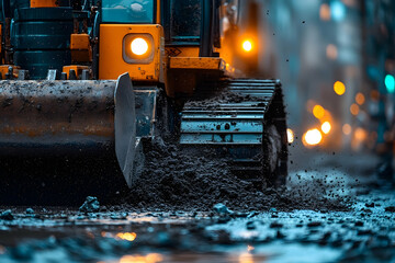 Bulldozer working on urban ground, illuminated by street lights at night