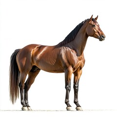 Obraz premium A majestic brown horse standing still, glossy coat, soft lighting, full-body shot, side profile, white background. 