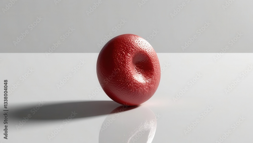 Poster 3d concept cell anatomy biological. bright red spherical object with a hole, placed on a reflective 
