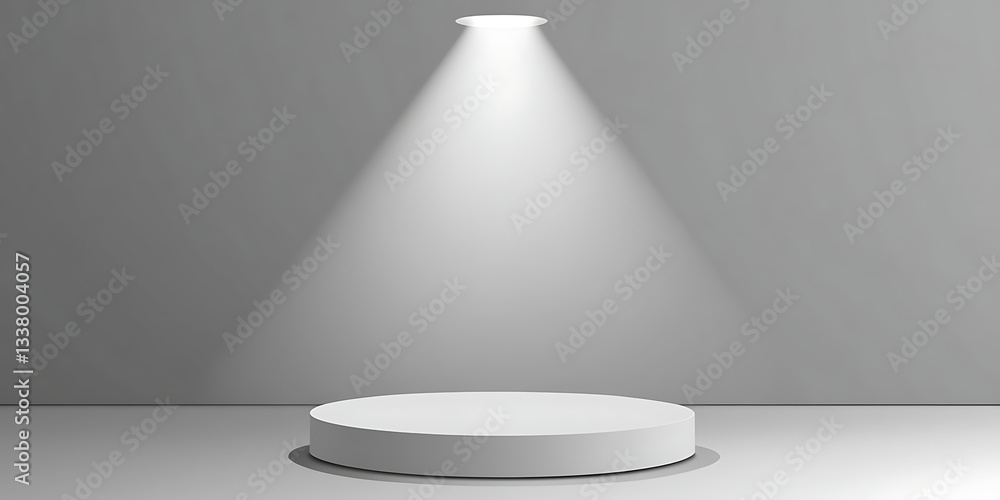 Poster white round podium in the center with a focused spotlight shining down on it creating a display area